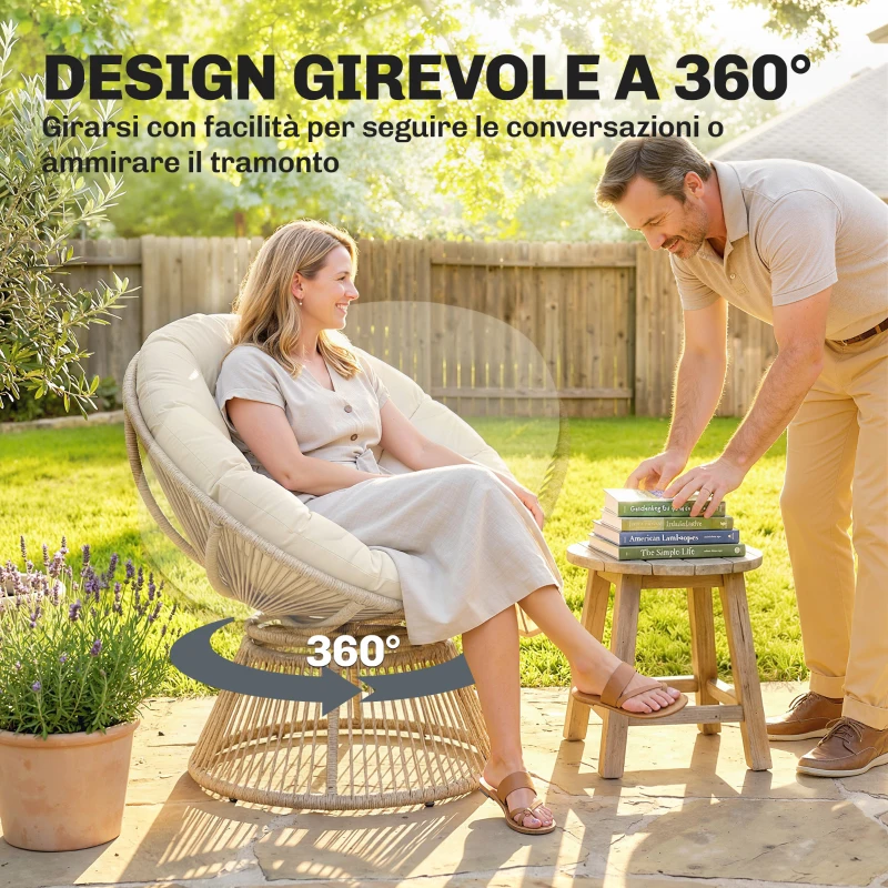 Outsunny Poltrona Papasan Rattan 360° Moon Chair con Cuscino Interni/Esterni, Bianco Crema