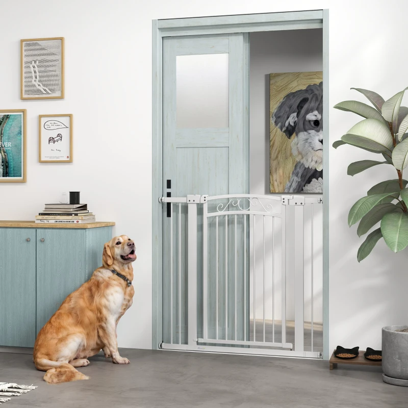PawHut Puerta para Perros con Ancho Ajustable 76-104 cm Barrera de Seguridad con 2 Extensiones y Doble Bloqueo Blanco