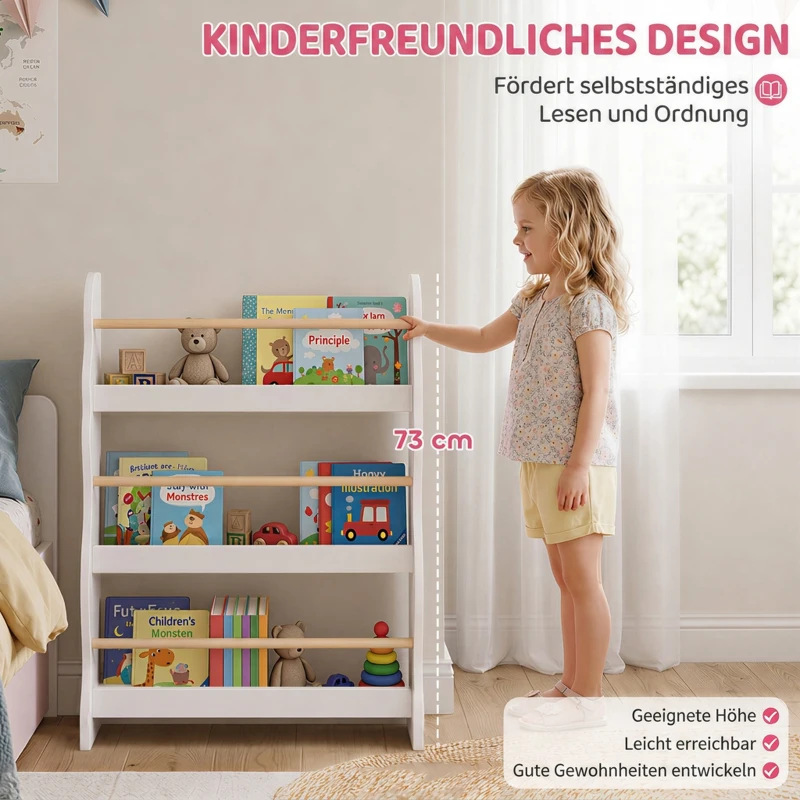 AIYAPLAY Kinderboekenkast voor aan de muur, kinderrek met 3 niveaus, wandrek met kantelbeveiliging, 60 x 15 x 73 cm, wit