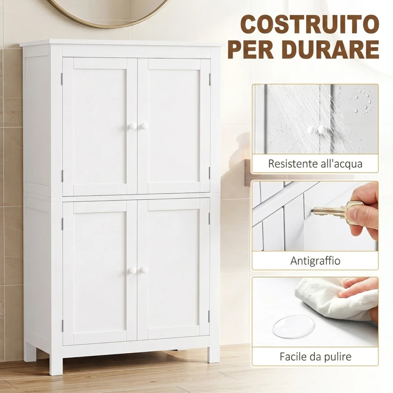 HOMCOM Mobile Bagno con 4 Ante e Ripiani Regolabili, per Lavanderia Salotto Soggiorno Cucina, 60x30x110 cm, Bianco