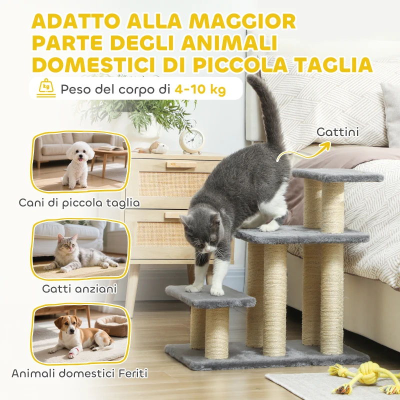 PawHut Scaletta per Cani e Gatti con 3 Scalini in Peluche e Pali Tiragraffi in Sisal, Capacità 10 kg, Grigio