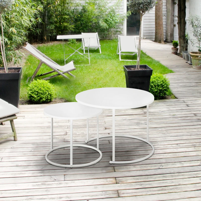 Outsunny Juego de 2 Mesas de Café Ø70x50 cm y Φ50x43 cm Mesitas Auxiliares Redondas de Metal para Jardín Salón Domitorio Carga Máxima de 25 kg Blanco