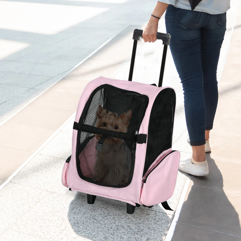 PawHut Trasportino Zaino 2 in 1 per Cani e Gatti con Tasche Laterali, Maniglia Telescopica e Ruote, 42x25x55cm, Rosa