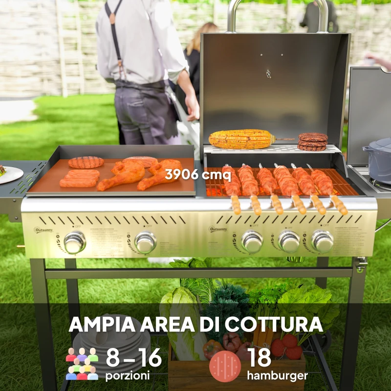 Outsunny Barbecue a Gas con Piastra e Fornello, Coperchio con Termometro e Ripiani, Regolatore e Tubo Inclusi, Nero