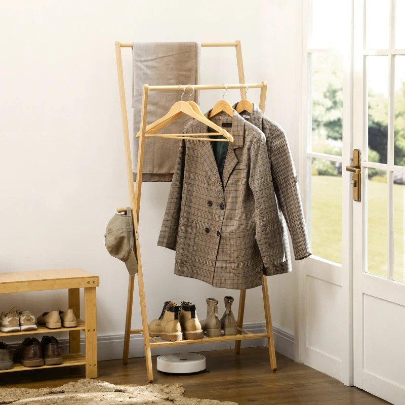 HOMCOM Perchero de Pie de Bambú con Estante para Zapatos 2 Barras y 2 Ganchos para Dormitorio Entrada 74x42x150 cm Natural