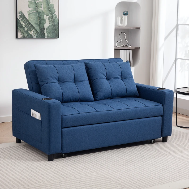 HOMCOM Two-Seater Pull-Out Sofa Bed - Dark Blue