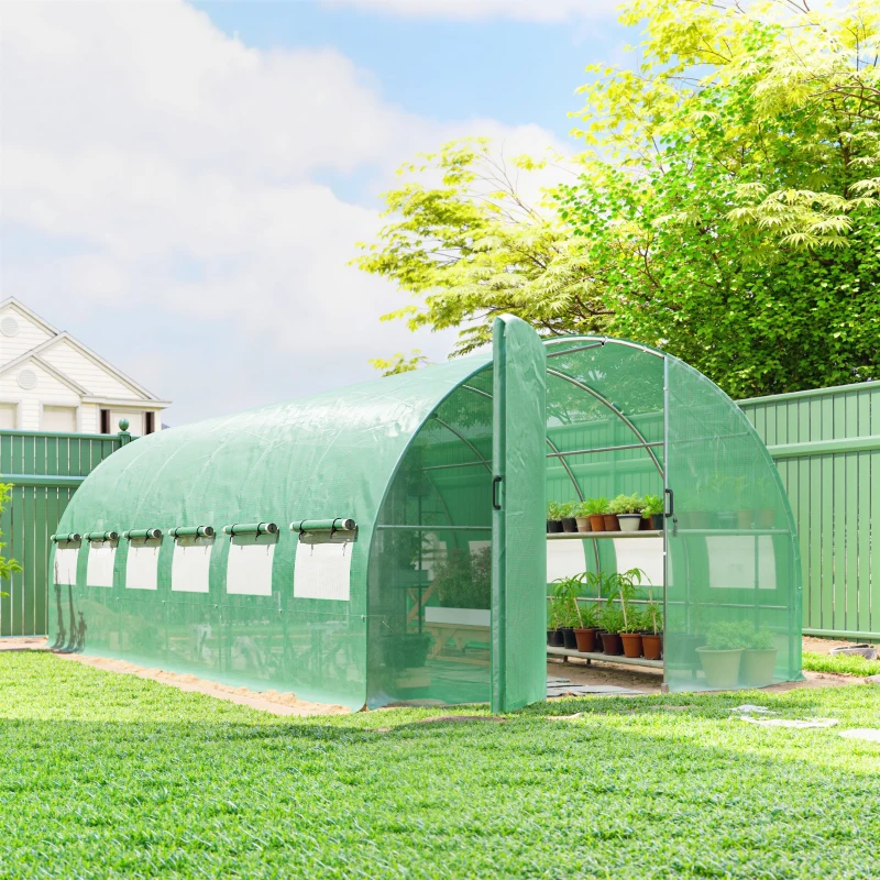 Outsunny Invernadero de Túnel 6x3x2 m con Puerta con Bisagras 12 Ventanas de Malla y Estructura de Acero Galvanizado Verde