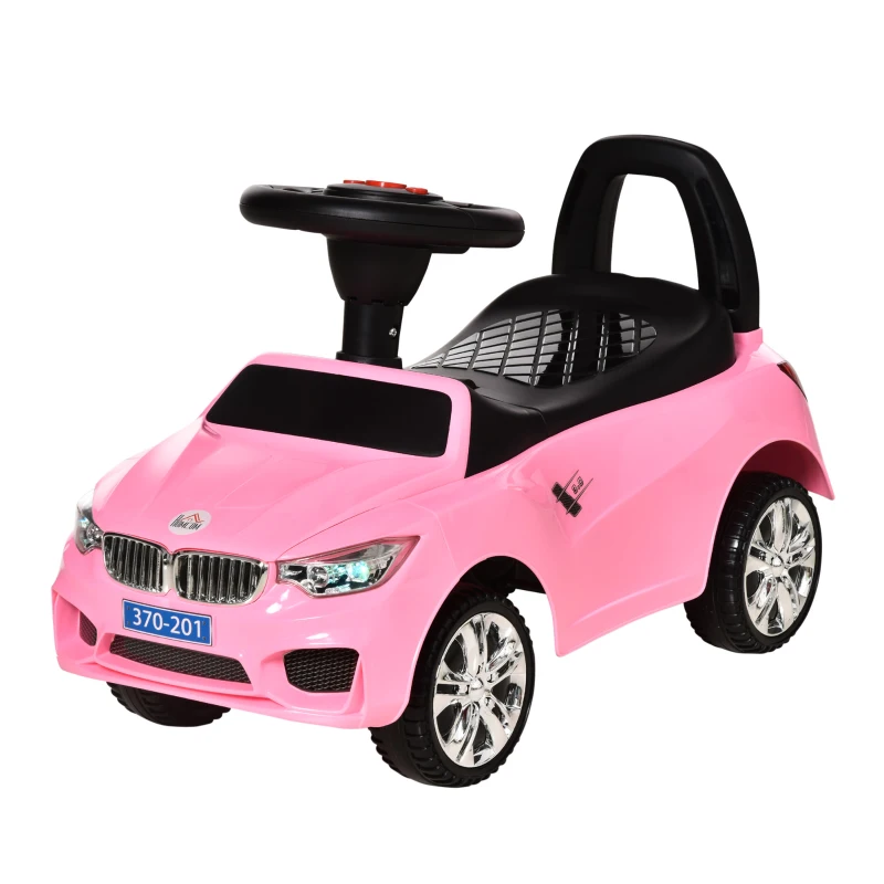 HOMCOM Macchinina per Bambini Cavalcabile con Volante, Fari e Musiche Integrate, Macchina per Bambini in PP e Metallo, 63.5x28x36 cm, Rosa