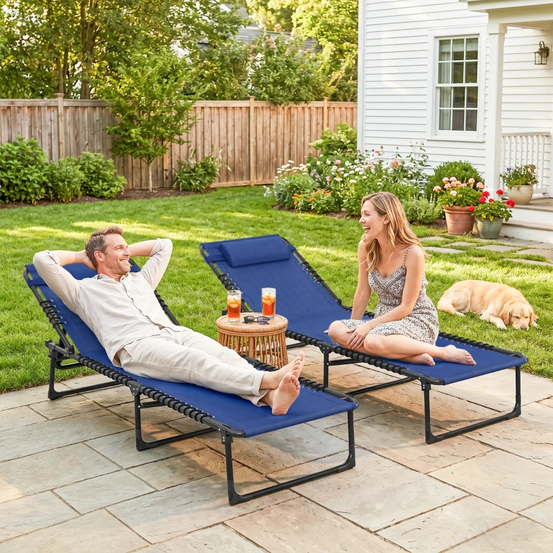 Outsunny Set of Two Folding Sun Loungers, with Four-Position Backs - Blue