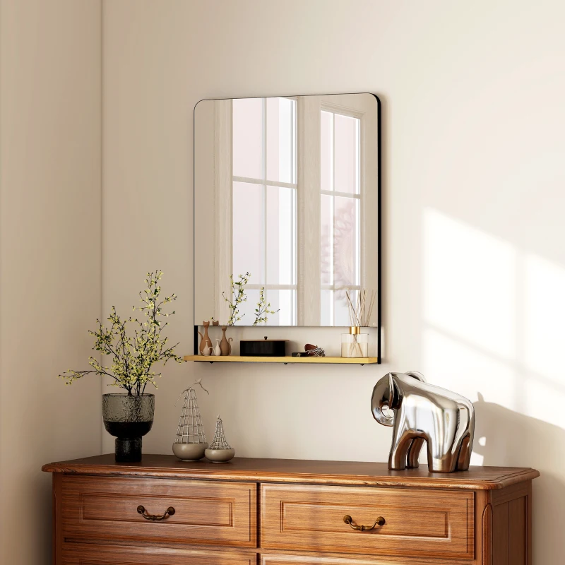 HOMCOM Wall Mirror with Wood Shelf - Black
