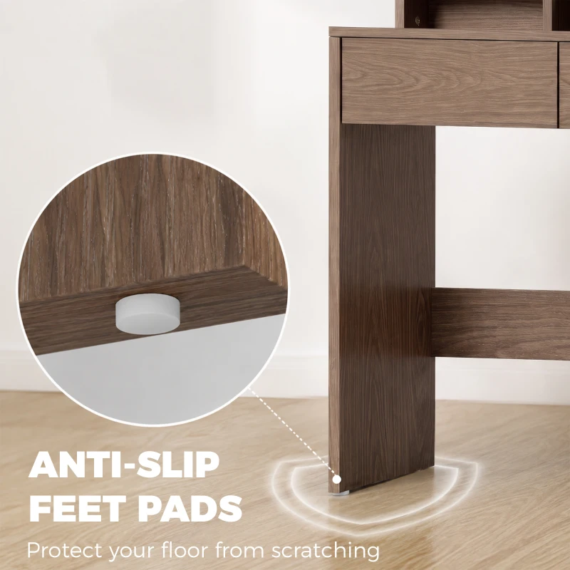 HOMCOM Vanity Table, Dressing Table with Mirror, LED Lights, 2 Drawers, 3 Compartments, 3 Colour Lighting, Walnut
