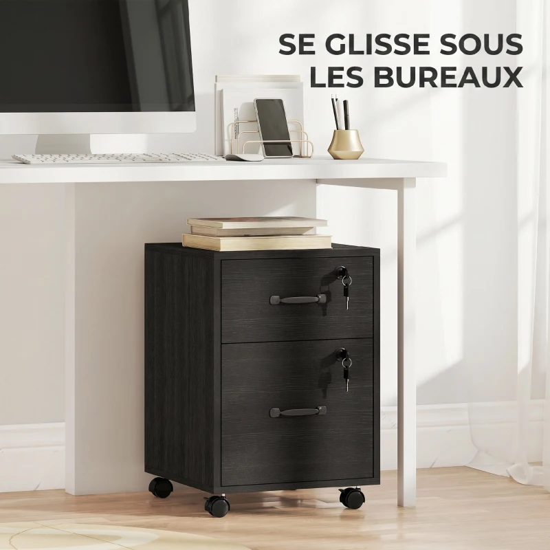 HOMCOM Caisson bureau mobile à 2 tiroirs, meuble rangement bureau sur roulettes pour documents suspendus format lettre, noir