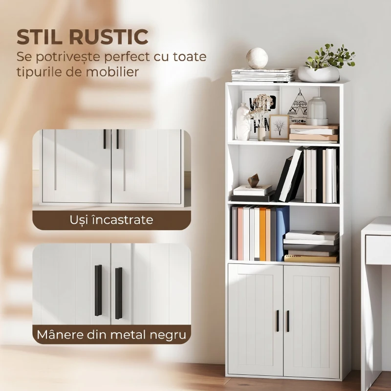 HOMCOM Bibliotecă cu rafturi deschise și dulap cu 2 uși, cu poliță internă reglabilă, 60x30x145.5 cm, alb