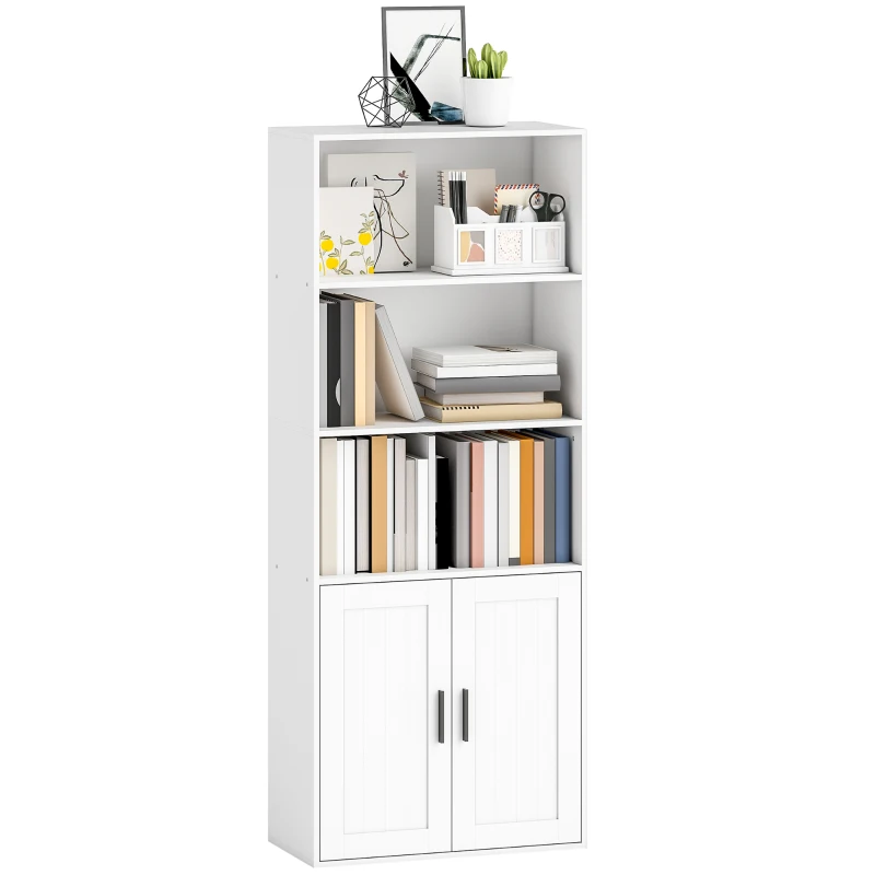 HOMCOM Bibliotecă cu rafturi deschise și dulap cu 2 uși, cu poliță internă reglabilă, 60x30x145.5 cm, alb