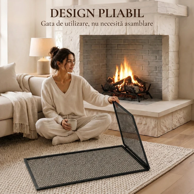 HOMCOM Parascântei Pliabil pentru Șemineu, 2 Panouri, din Metal Vopsit, Gata de Utilizare, 140 x 1 x 50 cm, Negru