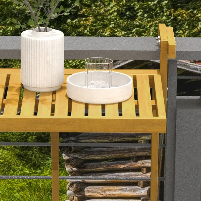 Outsunny Tavolino da Ringhiera per Balcone Pieghevole e Regolabile in Legno, Colore Legno