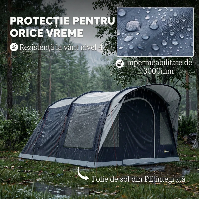 Outsunny Cort Tunel de Camping Impermeabil pentru 4 Persoane, Albastru Marin
