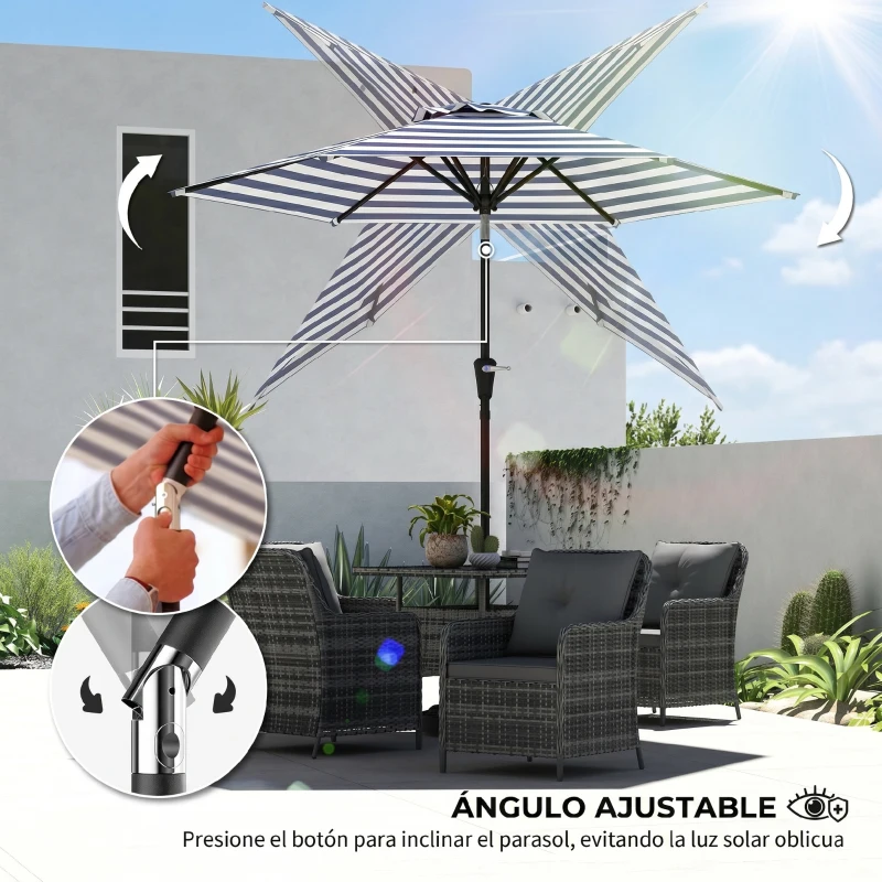 Outsunny Sombrilla de Jardín Ø230x216 cm con Apertura Manual Ángulo Ajustable e Impermeable para Terraza Piscina Azul y Blanco