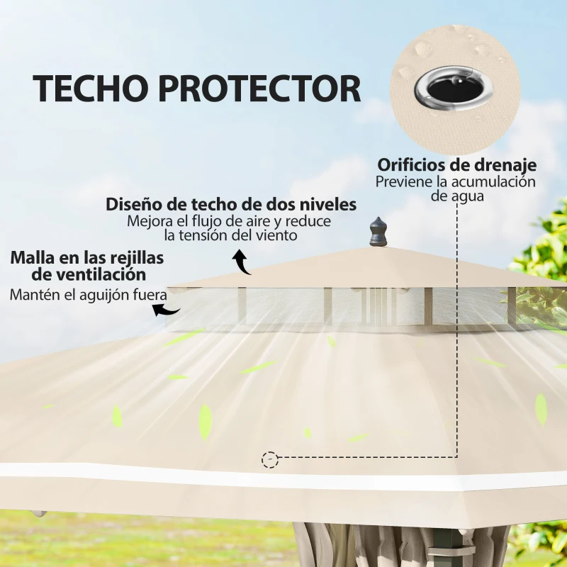 Outsunny Carpa para Jardín con Techo Doble Cenador con Mosquiteras y Cortinas para Exterior Terraza 370x303x290 cm Beige
