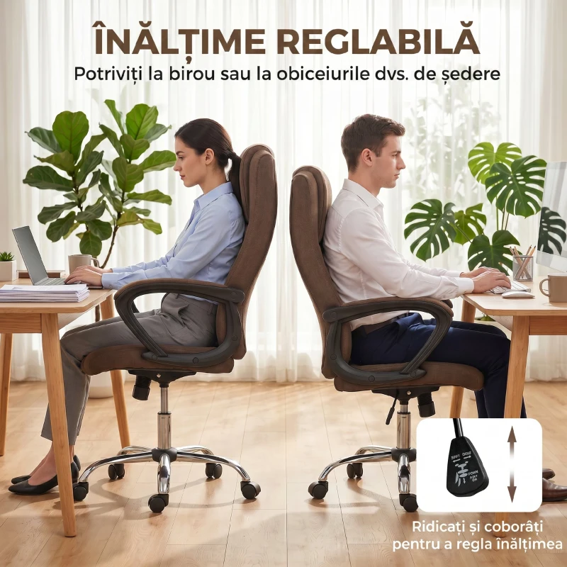 Vinsetto Scaun de Birou Ergonomic Inclinabil și Rotativ în Țesătură cu Aspect de In cu Tetieră, Maro