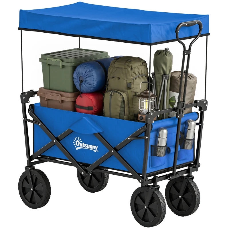 Outsunny Carro Plegable con Toldo Desmontable Longitud y Ángulo del Mango Ajustables y Bolsa de Transporte Carga 100 kg Azul