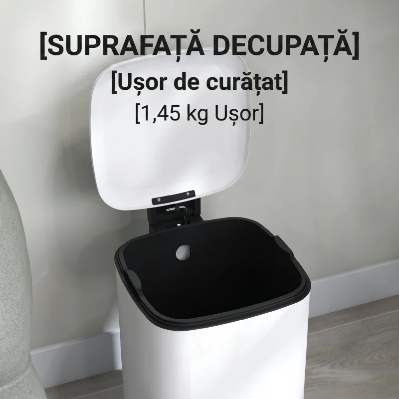 HOMCOM Coș de gunoi de 12L cu pedală și închidere silențioasă, din metal și PP, 24.5x32x34.5 cm, alb(m-9)