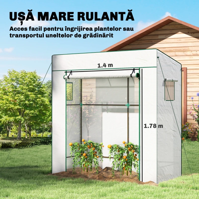 Outsunny Sera de Grădină cu Acoperiș Înclinat, 2 Ferestre și Ușă Rulabilă, Sera pentru Grădină cu Structură din Oțel, Acoperiș din PE Anti-UV, pentru Grădină, Legume, Flori, Plante, 196x77x197 cm, Alb