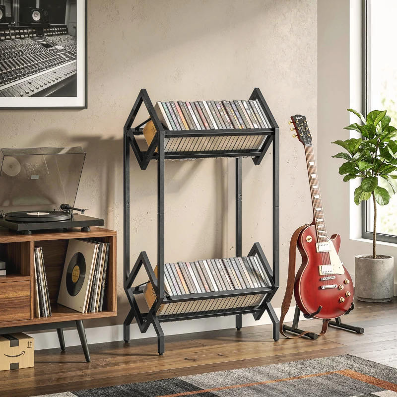 HOMCOM Organizator CD-uri pentru 50 CD-uri, Organizator Viniluri 2 Niveluri din Metal pentru DVD-uri, Cărți, Albume, Negru