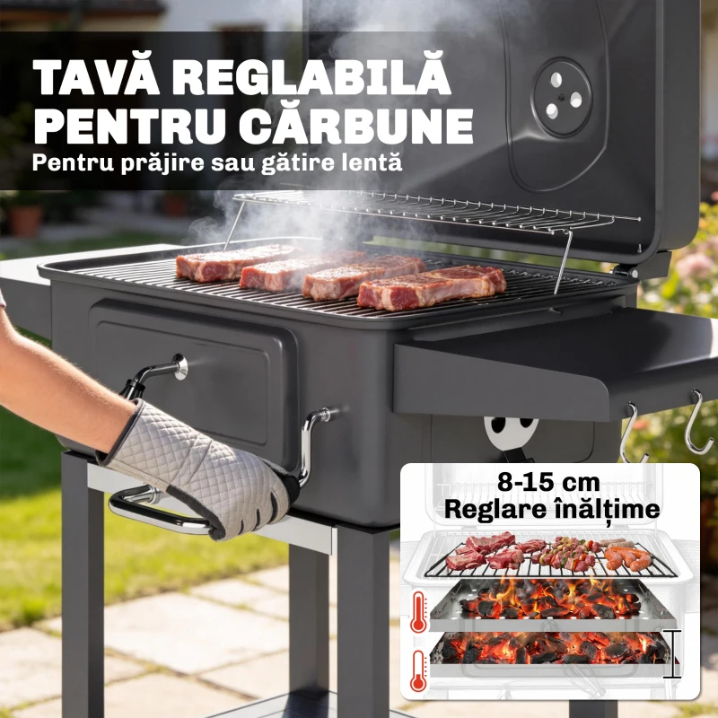 Outsunny Grătar de Exterior Negru cu Cărbune, Rafturi și Roți