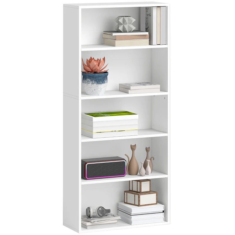 HOMCOM Bibliotecă Mobilă cu 5 Rafturi și 3 Polițe Flexibile, din Lemn, 60x24x133,5 cm, Alb(m-11)