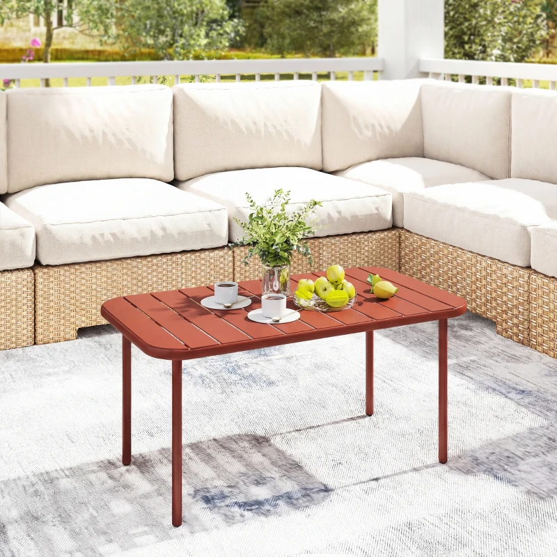 Outsunny Table Basse de Jardin en Acier Galvanisé, Plateau à Lattes, Table Rectangulaire aux Angles Arrondis, 90x50x43cm, Rouge