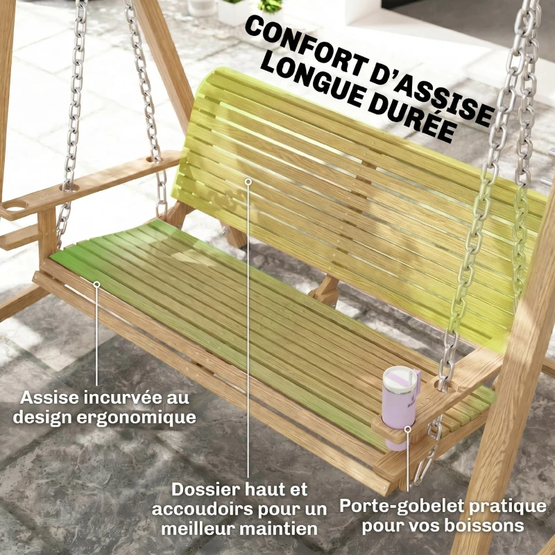 Outsunny Balancelle de Jardin 2 Places dim. 1,8L x 1,2l x 1,85H m accoudoirs Supports Verres Bois de mélèze pré-huilé