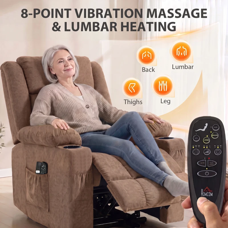 HOMCOM Dual Motor Recliner Chair, 55° Electric Lift Chair for Elderly, Recliner Armchair with Massage and Heat, Brown