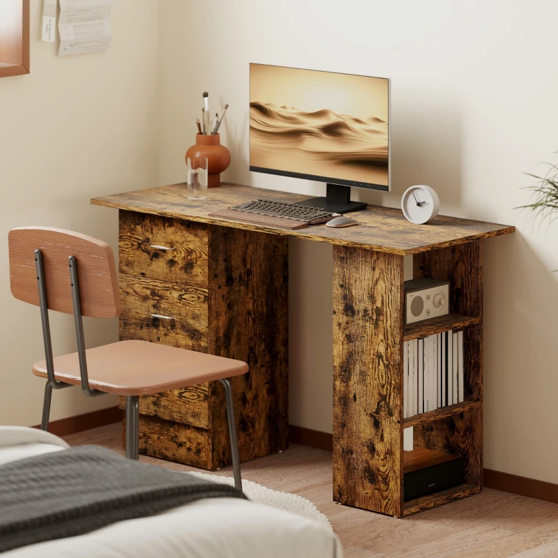 HOMCOM Computer Desk with Drawers, Home Office Desk, Writing Table, PC Workstation with 3 Storage Shelves for Working, Study, 120 x 49 x 72 cm, Rustic Brown