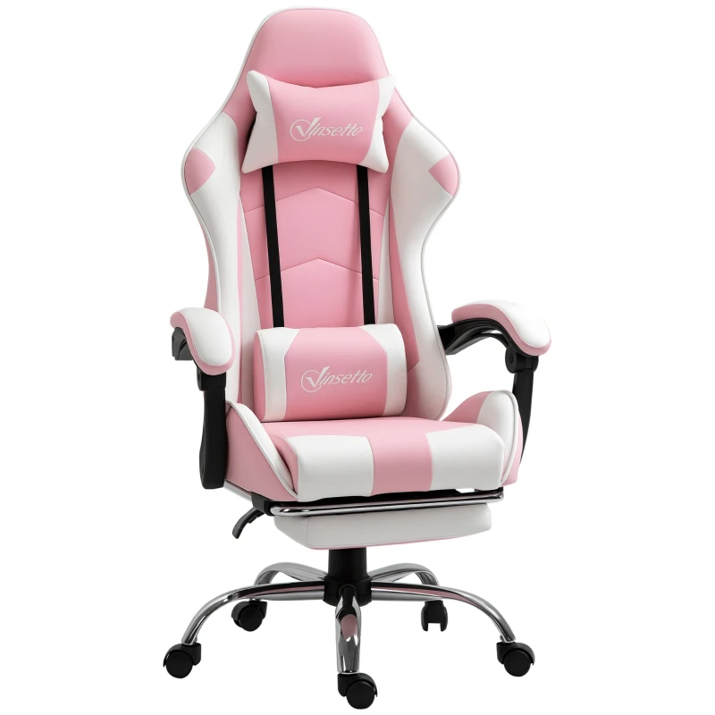 Vinsetto Scaun Gaming Ergonomic Reclinabil cu Tetieră, Pernă Lombară, Înălțime Reglabilă, Roz și Alb