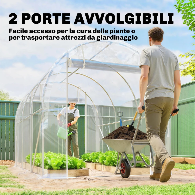 Outsunny Serra a Tunnel 2x3x2 m con Porte Avvolgibili, Telaio in Acciaio e Copertura in PE Anti-UV, Trasparente