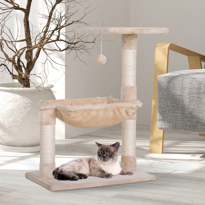 PawHut Torre per Gatti max 3.6kg con Amaca e Pallina Appesa, in Legno e Peluche, 50x36x70 cm, Beige