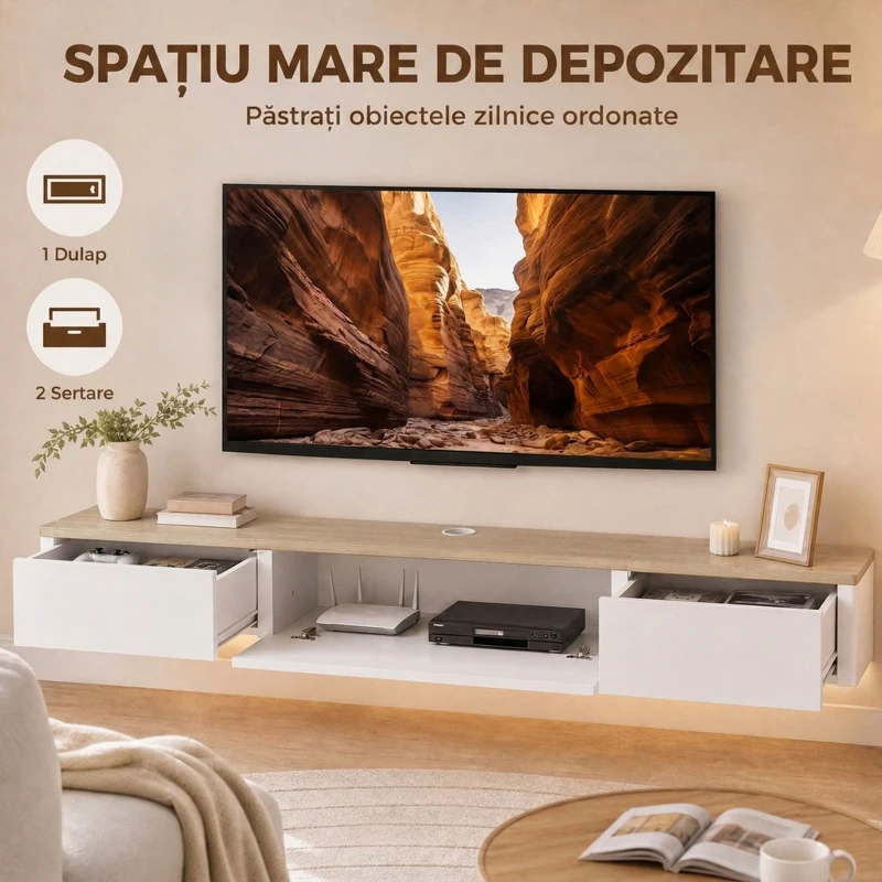 HOMCOM Comodă Tv Suspendată Până la 65", cu 2 Sertare, Dulap, Iluminare Led Rgb și Priză Integrată, Alb și Aspect Lemn
