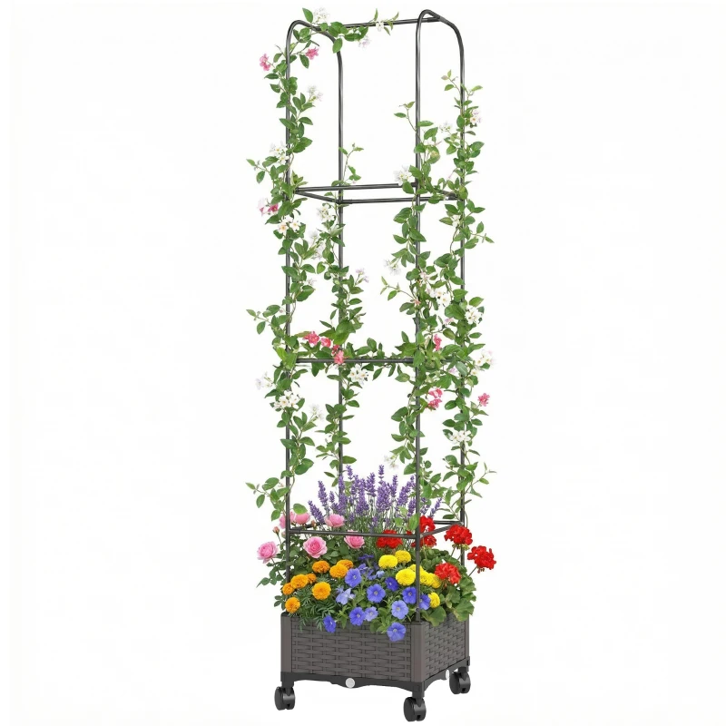 Outsunny Jardinieră Înălțată Autoirigantă din Metal cu Spalier de 185 cm, cu 4 Roți Blocabile pentru Plante Cățărătoare, Recipient cu Găuri de Drenaj pentru Legume și Flori, Negru