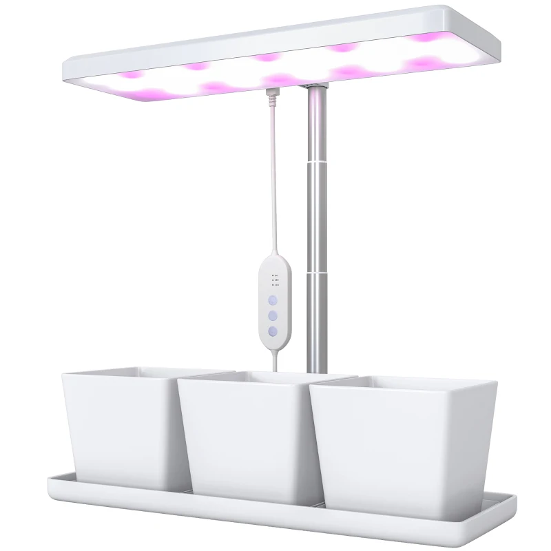 Outsunny Lămpi pentru Plante cu 30 de Lumini LED, 3 Ghivece, Temporizator și Iluminare Reglabilă, 31,8x13,4x18,6-35,6 cm, Alb