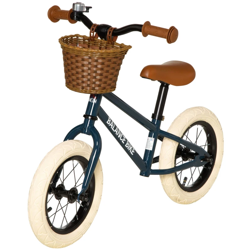HOMCOM 12 Inch Kids Balance Bike Toddler No Pedal Training Bicycle with Rubber Tires Adjustable Handlebar Basket Bell for 3-6 Year Old