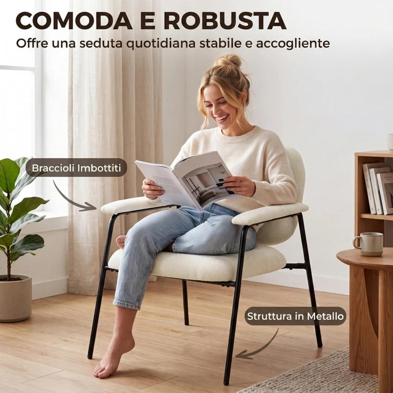 HOMCOM Set 2 Poltrone da Salotto in Ciniglia con Schienale Sagomato, Struttura in Metallo, Crema