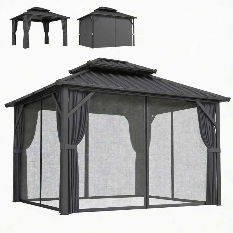 Outsunny Gazebo 3 x 3,6 m à Toit Rigide avec Toit Double en Acier Galvanisé, Structure en Aluminium, Gris Foncé