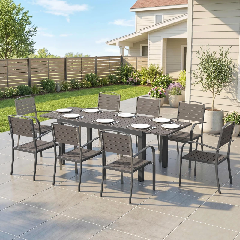 Outsunny Set de masă și scaune de grădină 9 piese, masă extensibilă, 8 scaune, cadru din aluminiu, lamele din plastic-lemn, pentru terasă și grădină, gri