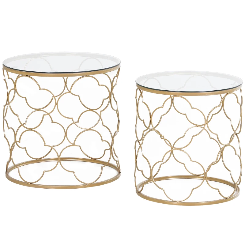 HOMCOM Set de 2 mese de living suprapozabile art deco din metal cu blat din sticlă, auriu