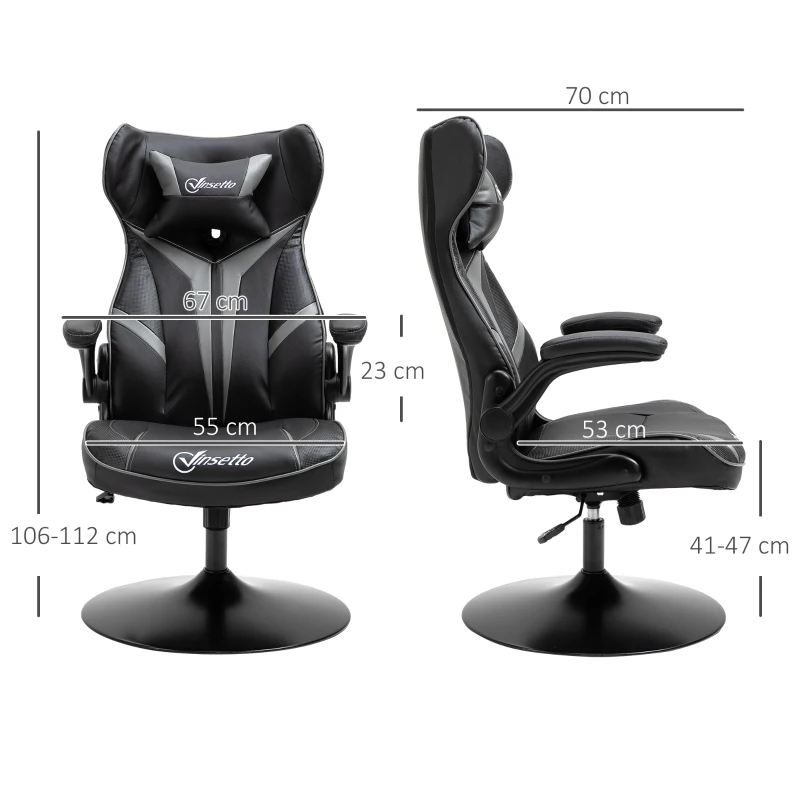 Vinsetto Fauteuil gamer chaise de jeu gaming pivotante 360° ergonomique hauteur réglable accoudoirs revelables coussin têtière inclus revêtement similicuir 67 x 70 x 106-112 cm gris clair et noir