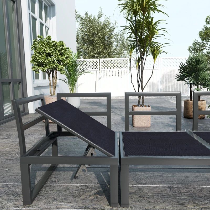 Outsunny 4 Pieces Garden Furniture Set, 5-Level Reclining Garden Corner Sofa Set, Outdoor Lounge Conversation Sectional with Cushions, Wood Effect Plastic Table, Black Frame & Light Grey Cushion