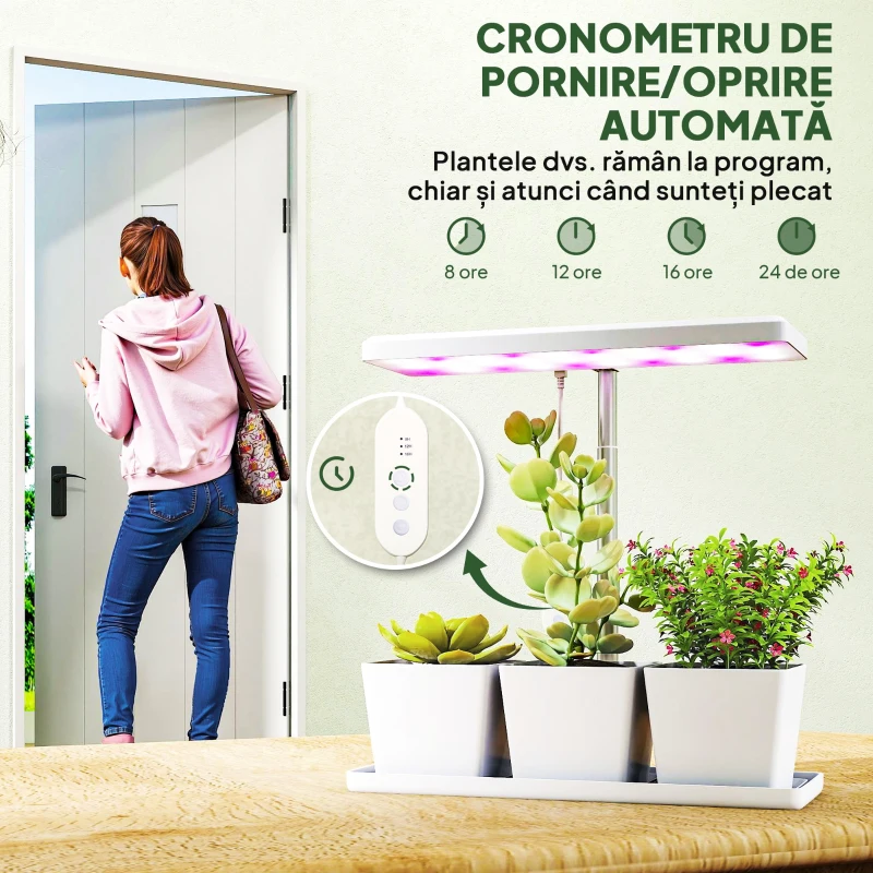Outsunny Lămpi pentru Plante cu 30 de Lumini LED, 3 Ghivece, Temporizator și Iluminare Reglabilă, 31,8x13,4x18,6-35,6 cm, Alb