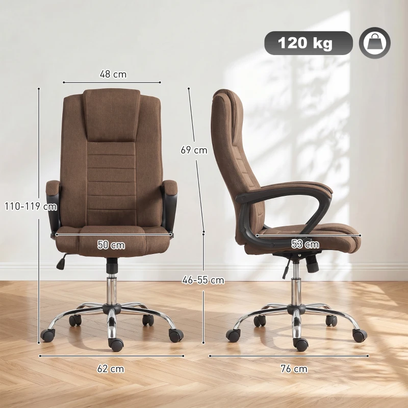 Vinsetto Scaun de Birou Ergonomic Inclinabil și Rotativ în Țesătură cu Aspect de In cu Tetieră, Maro