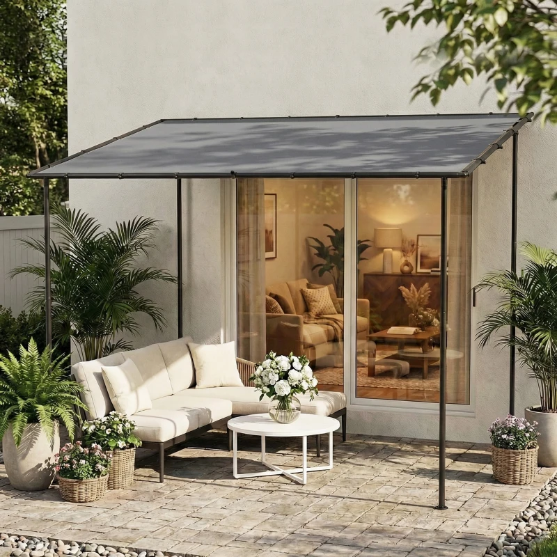 Outsunny 3 x 2 m Lean to Garden Pergola, Metal Frame Gazebo Pergola with UPF30+ Protection, Sloped Roof, Drainage Holes, Grey